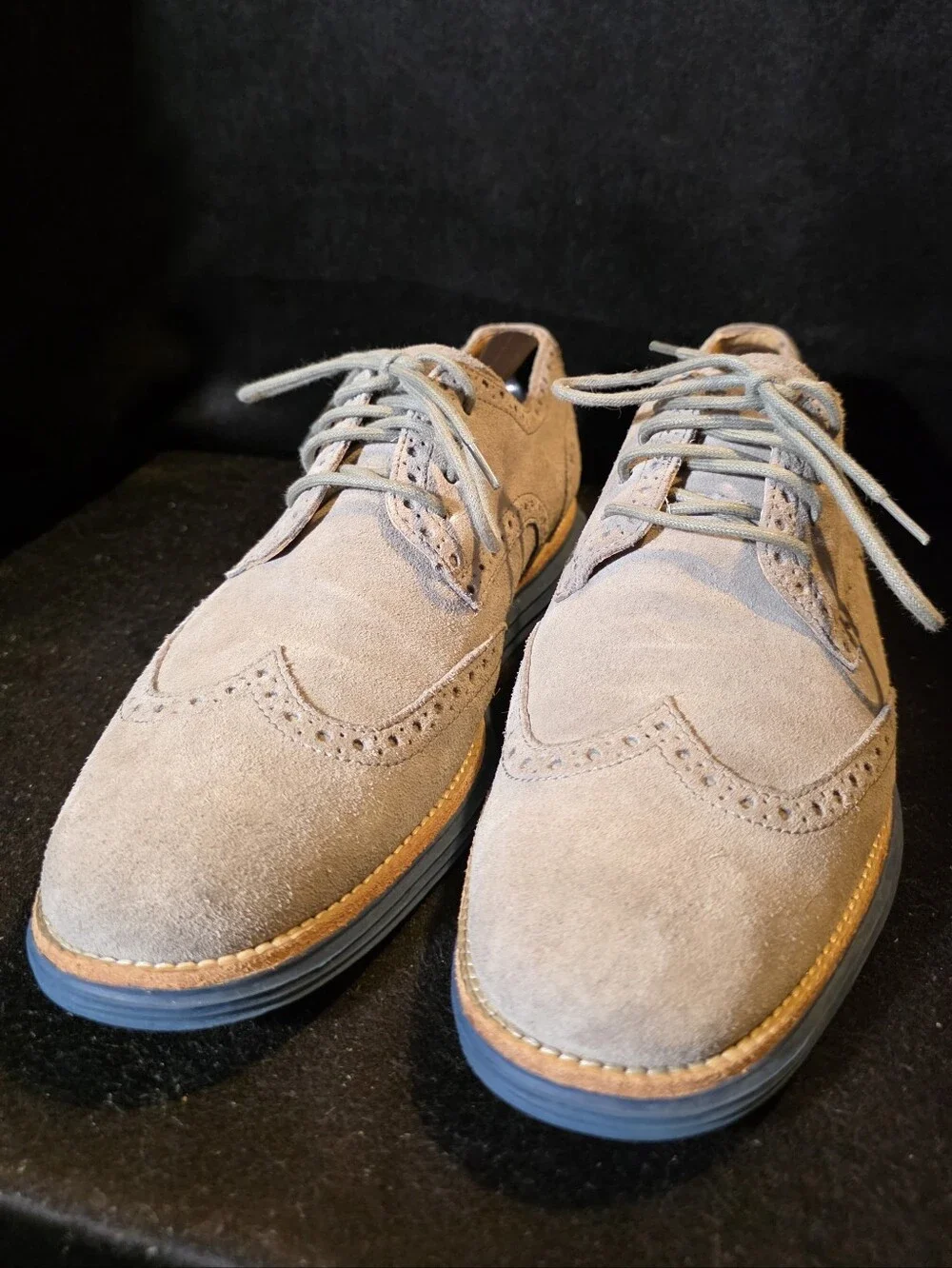 Cole Haan Men's Suede Wingtip Derby Shoes in Light Gray with Blue Sole Size 10
